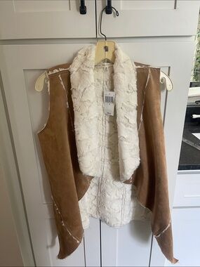 Faux-Suede Shearling Draped Vest in Cream and Brown NWT